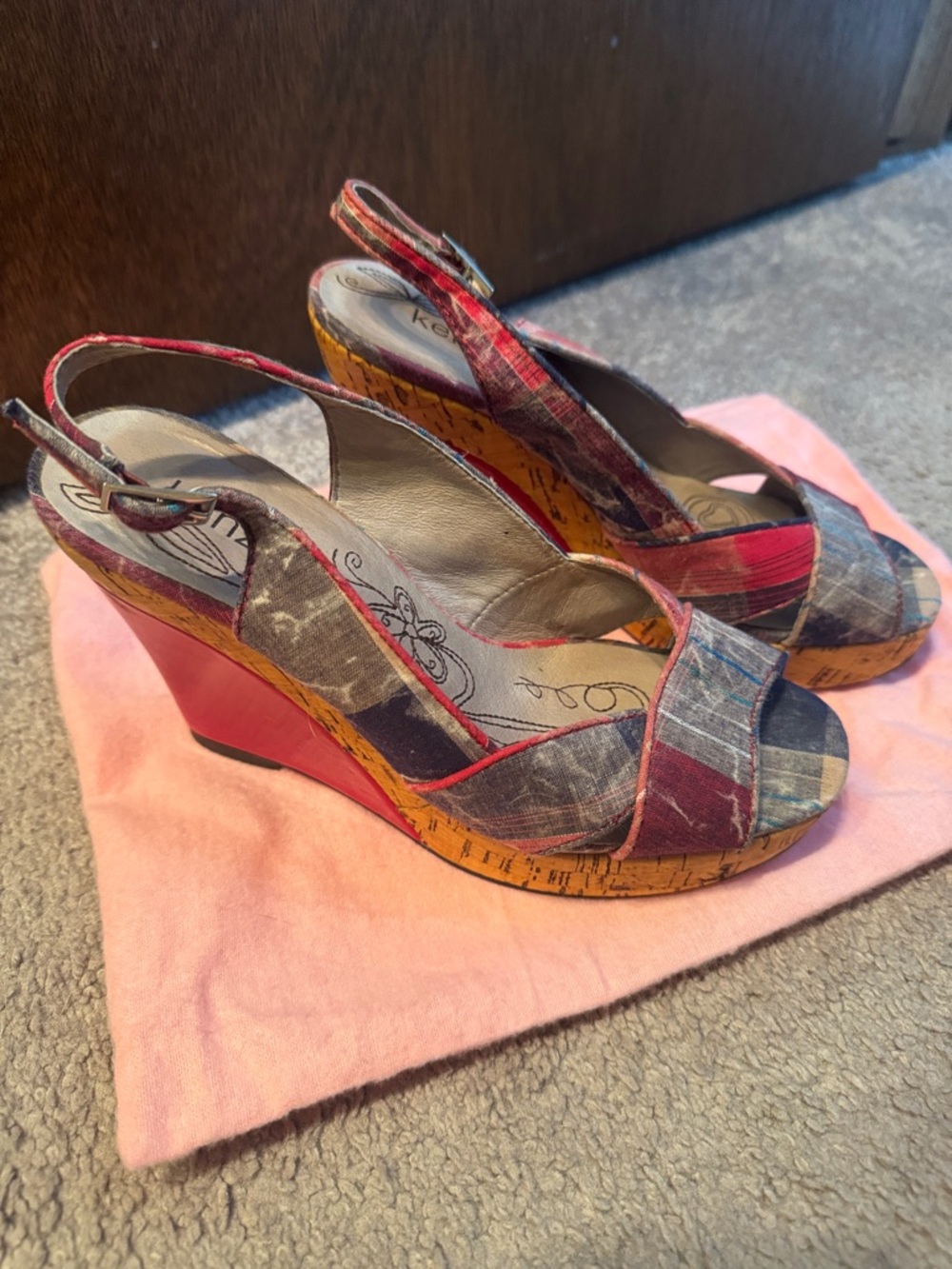 kenzie Multicolor Plaid Cork-Effect Wedges with Pink Heel